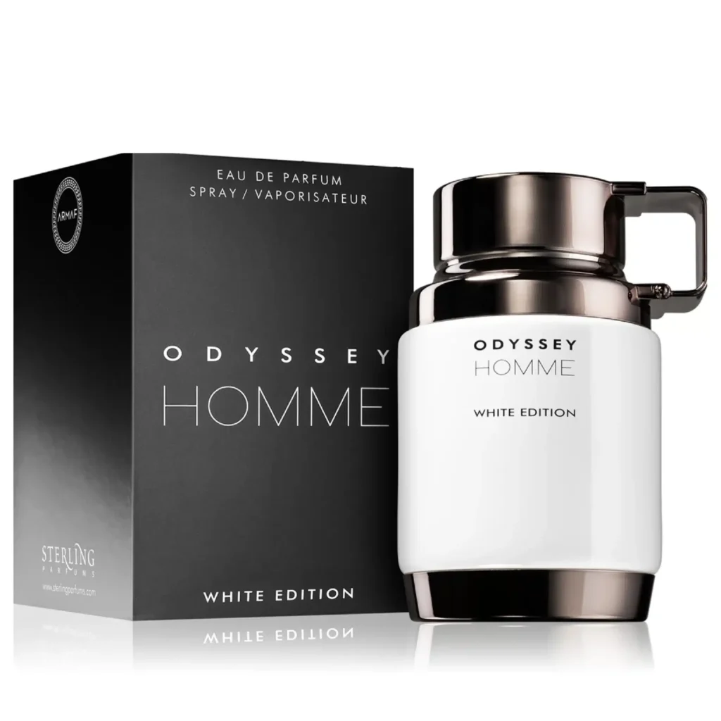 Armaf Odyssey Homme White Edition Parfüm; kakule, ananas, amberwood ve vanilya notalarıyla sonbahar/kış aylarına uygun, en lüks, tatlı ve kalıcı erkek kokusu. Keşfedin!