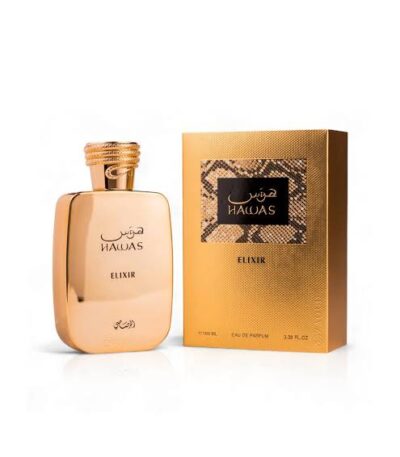 Rasasi Hawas Elixir Parfüm, yoğun bitter çikolata, vanilya, tonka fasulyesi ve nane notalarıyla en lüks erkek kokusu deneyimi. İndirimli fiyatla hemen keşfedin!
